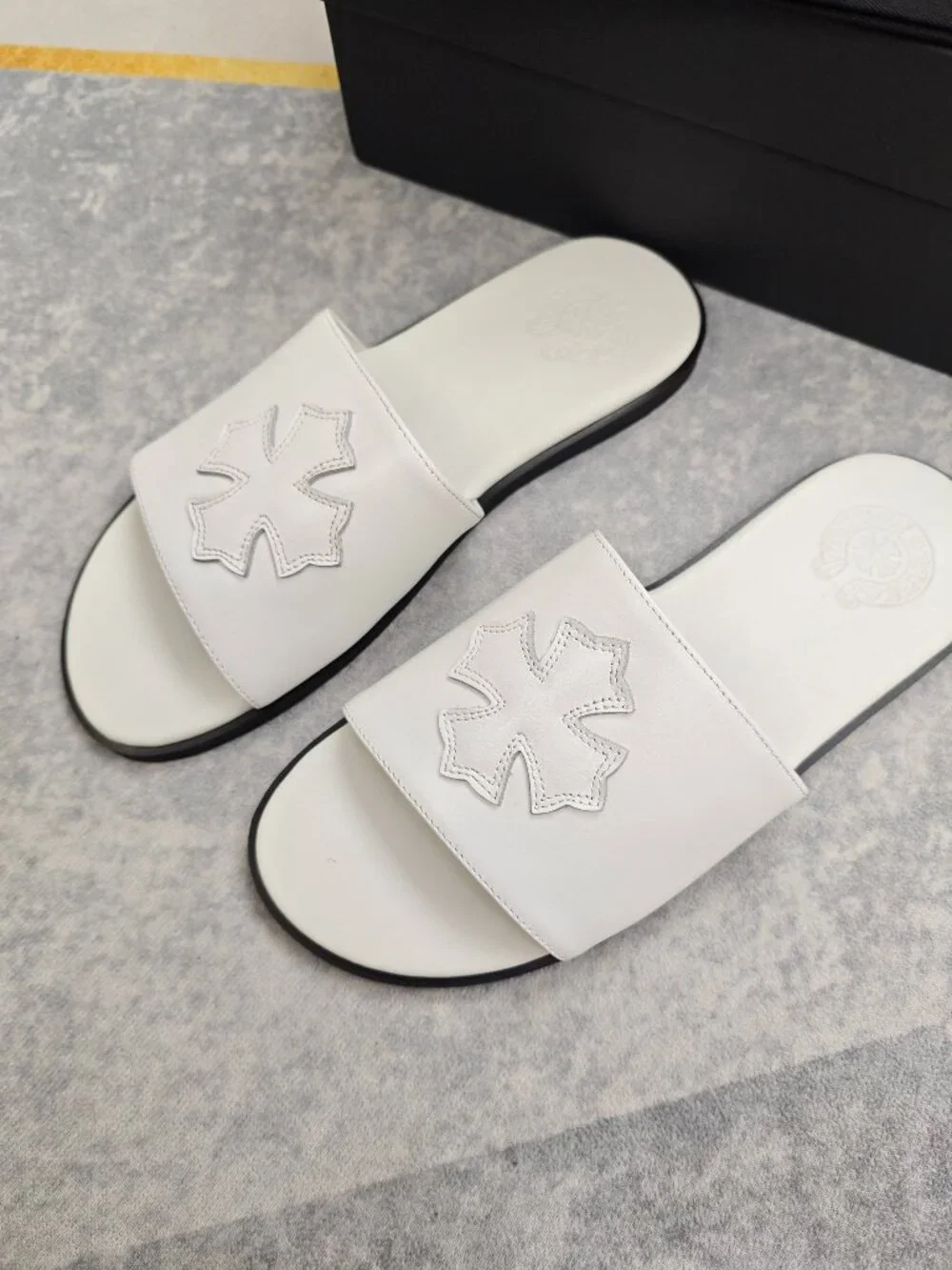 Chrome Hearts White Leather Plus Patch Slides, Cross Logo Sandals
